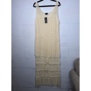 City Chic Crochet Maxi Dress NWT M Cream Fringe Boho Festival Beach Coverup